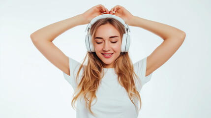 Trendy girl with blonde hair enjoys the music on headphones. White background. Youth style, leisure.