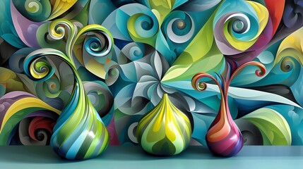Colorful Abstract Swirls and Vases Digital Artwork