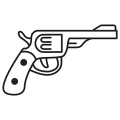 Gun revolver icon.Handgun six shooter pistol.Cowboy  revolver.Wlid west symbol. Wlid west weapon. Isolated on white background.Outline vector illustration.
