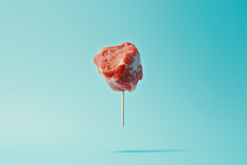 Flying piece of pork like a lollipop. Minimal food concept. Copy space.