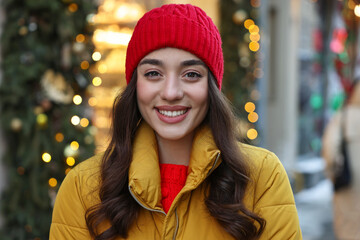 Portrait of smiling woman on city street in winter