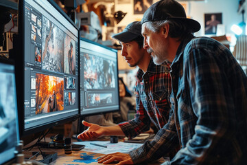An advertising team reviewing a storyboard for a television commercial, discussing scene transitions and brand messaging  - obrazy, fototapety, plakaty