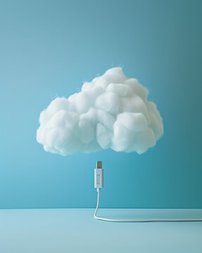 White cloud with data cable against blue surface. Cloud computing technology concept. Data center concept.