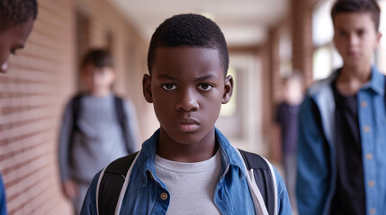 Fototapeta premium frightened african american schoolboy being bullied in school corridor