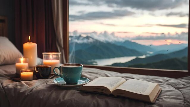 Cozy resort room with candles, book and coffee cup with steam on bed. Panorama view with cloudy scenery, sunrise through window. Loop animation video. Zoom backgrounds. Rest and tranquil atmosphere.