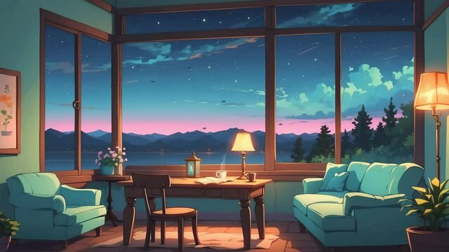 virtual backgrounds animation loop, stream overlay, interior, cozy lofi living room at sunset, vtuber asset twitch zoom OBS screen, live wallpapers, chill anime lo-fi hip hop	