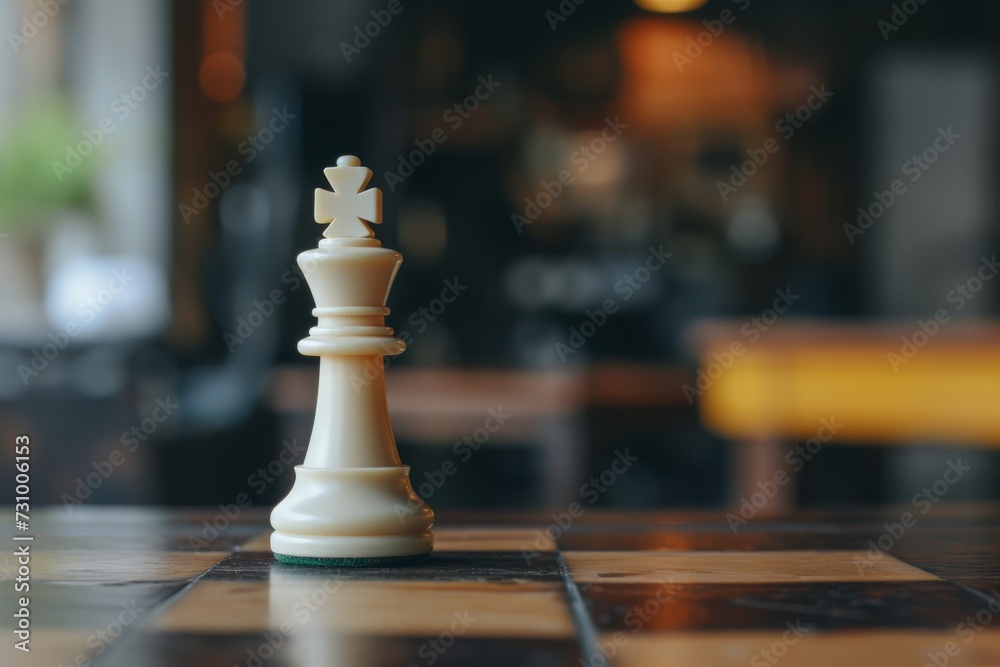 Wall mural White chess piece on a dark wooden board