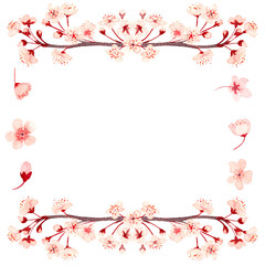 Watercolor hand drawn pink sakura flower branch square frame isolated on white