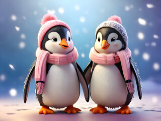 Fototapeta premium A pair of very adorable penguins standing side by side, their wings tucked in, wearing winter scarf on Valentineâ€™s Day Concept