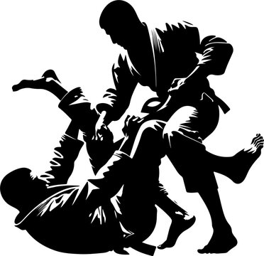 recommend clip art: High-contrast combat sport vector silhouette of Brazilian jiu-jitsu athletes practicing a submission hold, capturing the intensity of martial arts training.