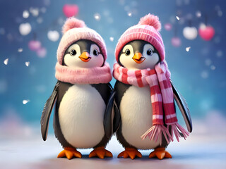 Fototapeta premium A pair of very adorable penguins standing side by side, their wings tucked in, wearing winter scarf on Valentine’s Day Concept