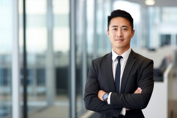 Portrait of businessman with arms crossed, asian man smiling and looking at camera, man working inside modern office building