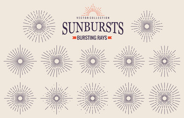 Sunbursts firework explosion, bursting or light rays, linear drawing and borders collection.  trendy hand drawn retro isolated design elements