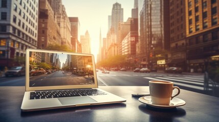outdoor office with laptop and coffee up on desk at Financial District, Manhattan while businessman go outside from his office. - obrazy, fototapety, plakaty