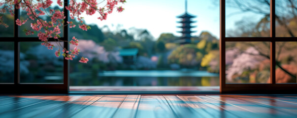 Japanese house interior with view window bright Beautiful scenery, a curled,empty white wooden table with Japan Beautiful view of Japanese pagoda and old house in Kyoto, Japan, spring cherry blossoms - obrazy, fototapety, plakaty