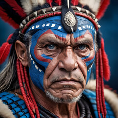 Portrait of a man with makeup and crown with feathers.