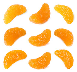 Pieces of fresh ripe tangerine isolated on white, set