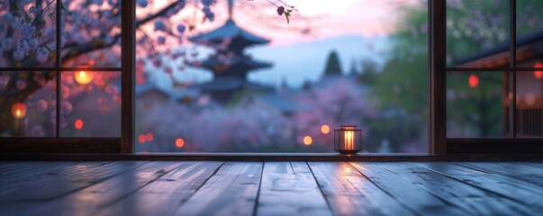 Obraz premium Japanese house interior with view window bright Beautiful scenery, a curled,empty white wooden table with Japan Beautiful view of Japanese pagoda and old house in Kyoto, Japan, spring cherry blossoms