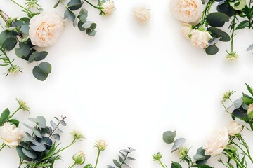 Border Frame Made of Beige Rose Flowers, Eringium Flower, Eucalyptus Branches on White Background. Flat Lay, Top View. Floral Background.