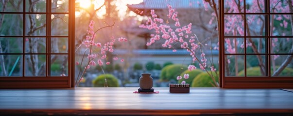Japanese house interior with view window bright Beautiful scenery, a curled,empty white wooden table with Japan Beautiful view of Japanese pagoda and old house in Kyoto, Japan, spring cherry blossoms