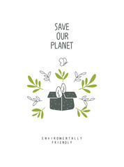 Vector illustration of Environmentally friendly planet . Zero waste Concept. Hand drawn cartoon sketch of biodegradable packaging, box with green leaves. Sustainable lifestyle. Think Green.

