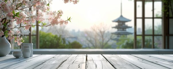 Japanese house interior with view window bright Beautiful scenery, a curled,empty white wooden table with Japan Beautiful view of Japanese pagoda and old house in Kyoto, Japan, spring cherry blossoms