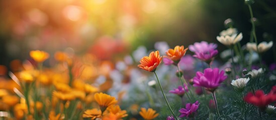 A variety of vibrant flowers bloom in a picturesque meadow, creating a stunning natural landscape with colorful petals and a diverse range of herbaceous plants.