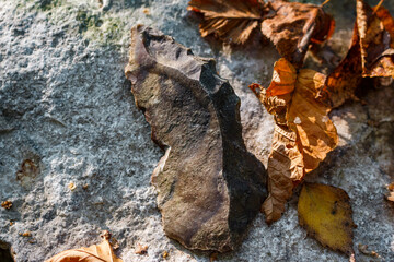 Stone Age dagger made on a flint plate and sharpened by retouching