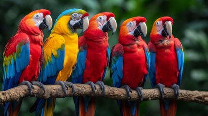 Colorful Macaws: Vibrant and exotic macaws perched on a branch, displaying their colorful plumage