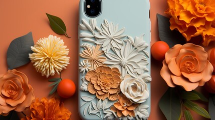 Top view of a customized phone case mockup on a solid background