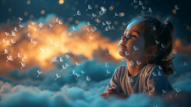 adorable little girl enjoying the fresh breeze with flying white dandelion flowers. lullaby baby cute 4k loop background
