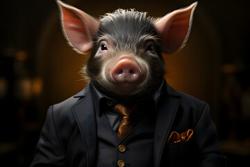 Black Pig in Stylish Attire Points to Uncertainty in the Stock Market - Ample Space for Marketing Content on a Dynamic Red Background