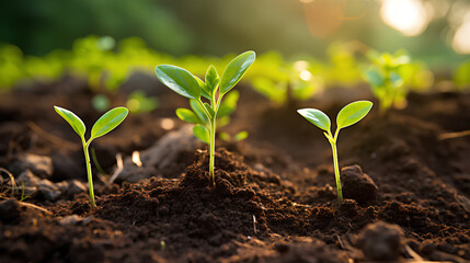 Close-up photo of seedlings at surface level represent new beginnings, life force, abundance and sustainability. It can be used in advertising, communication, education or decoration up to creativity.