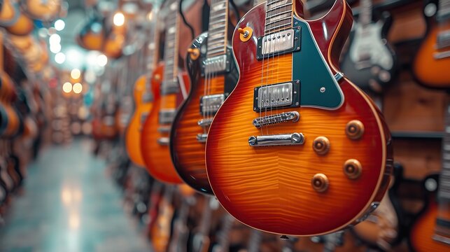 A row of different electric guitars hanging in a music store