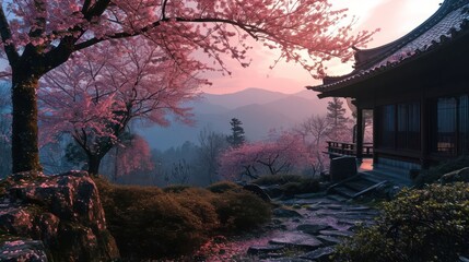 Experience the tranquility of Japanese cherry blossom landscape at sunset, blending historical architecture with the soft colors of dusk