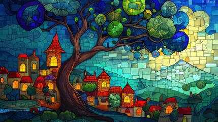 Stained glass window background with colorful city abstract.