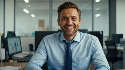 portrait of happy businessman sitting at his desk in a modern office looking at the camera