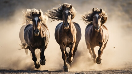 Horses with Long Mane Portrait Run Gallop in Dese.