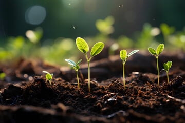 Close-up photo of seedlings at surface level represent new beginnings, life force, abundance and sustainability. It can be used in advertising, communication, education or decoration up to creativity.