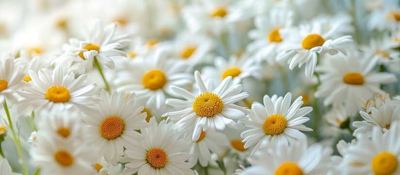 A picturesque field is adorned with a multitude of white daisies featuring vibrant yellow centers, creating a beautiful display of flowered terrestrial plants.