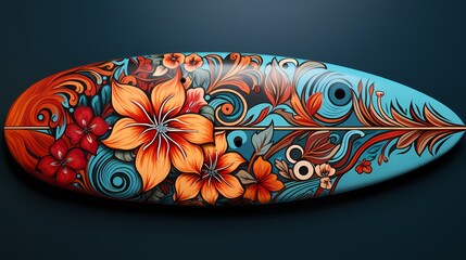 Top view of a custom surfboard mockup with vibrant artwork on a solid background