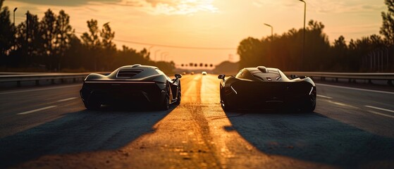 Two sports cars parked on highway at sunset, getting ready for a race. Adrenaline, speed, competition, and racing