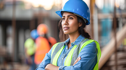 A focused female engineer in a blue hard hat and safety vest stands with crossed arms at a busy construction site.