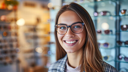 A cheerful young optometrist with stylish eyeglasses in an eyewear store, representing professional vision care.
