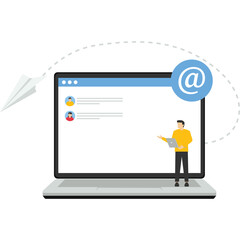 Mailing list to send email campaign, send promotion or communicate marketing message concept, email subscription management software, businessman with laptop computer send mailing list.