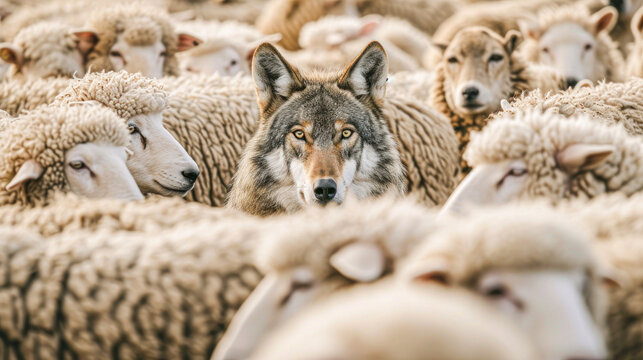 A lone wolf is camouflaged within a flock of sheep, illustrating the proverbial concept of a wolf in sheep's clothing.