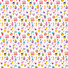 Festive Birthday Diverse Cartoon Characters and Party Elements Seamless Pattern