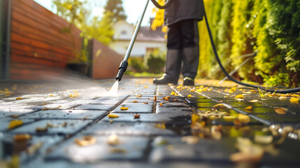 Deep cleaning under high pressure. Workers cleaning driveway with pressure washer, professional cleaning service