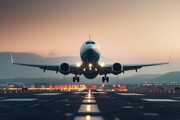 Airplane taking off from the airport terminal, the plane is taking off, morning sky