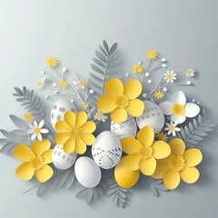 Illustration with Easter eggs decorated with flowers. Paper applique. Holiday greeting card in gray and yellow. Generated ai.